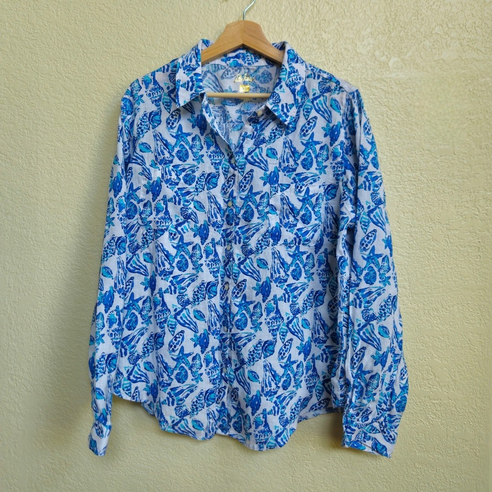 Lilly Pulitzer Sz XL Sea View Seashell Starfish 100% Linen Beachy Coastal Travel - Picture 8 of 8